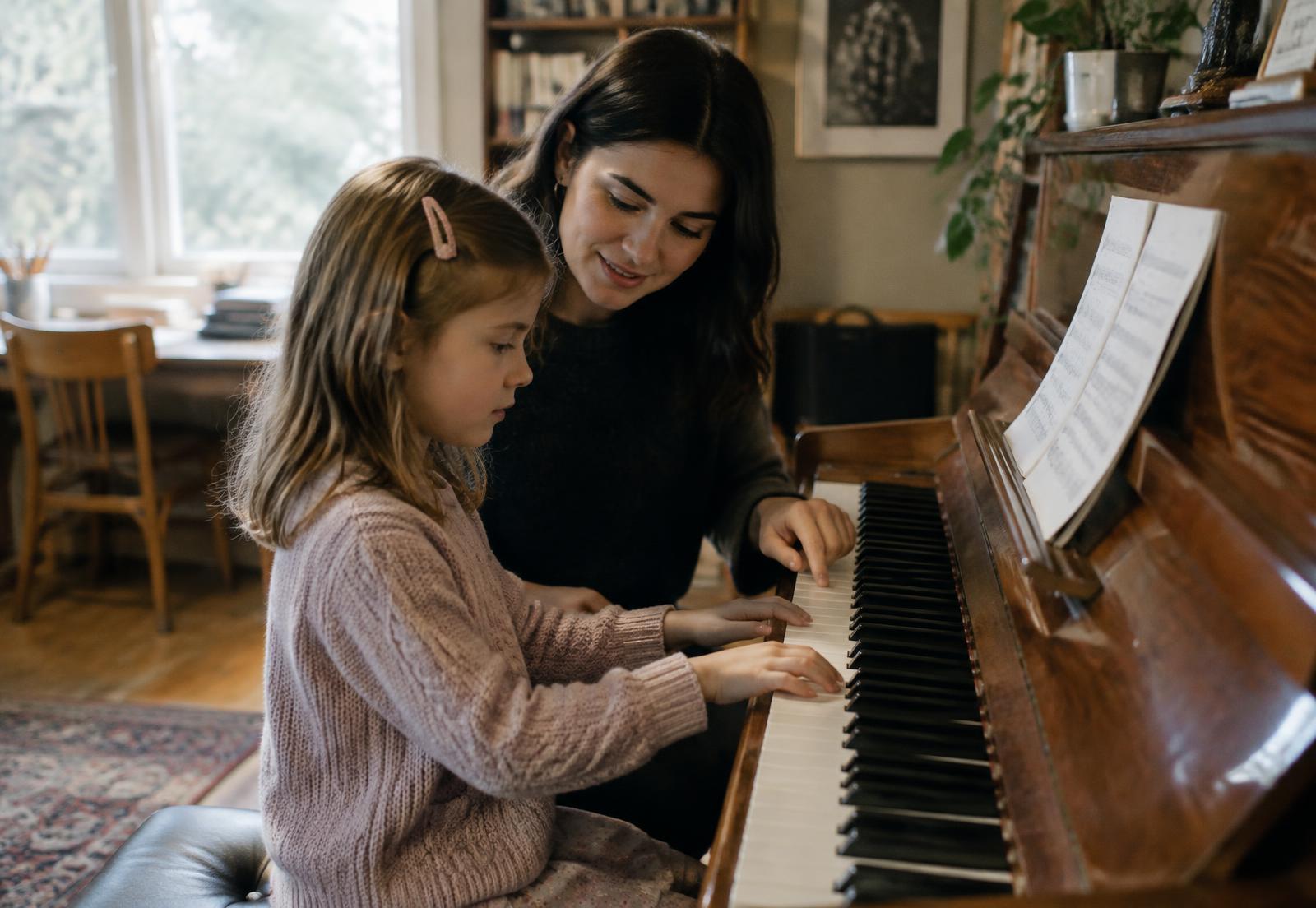 Criança tocando piano com a professora ao lado (foto ilustrativa)